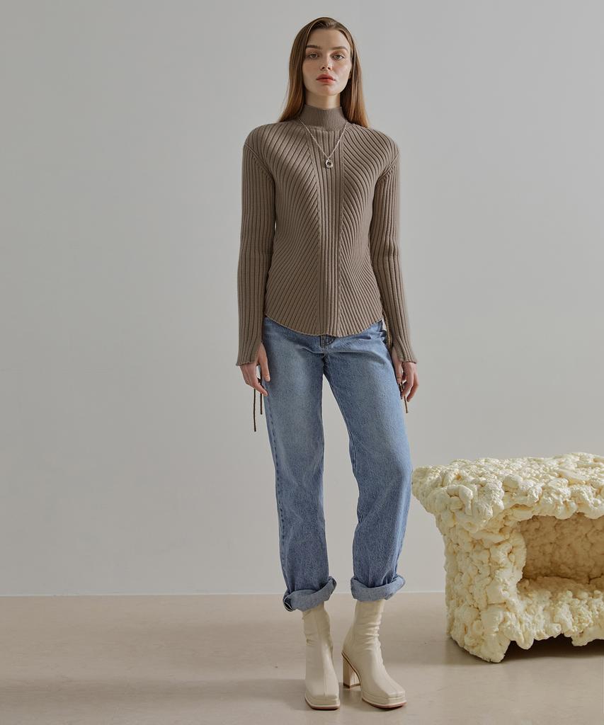 ETMON Slit Sleeve Side Strap Knit Top Mocha