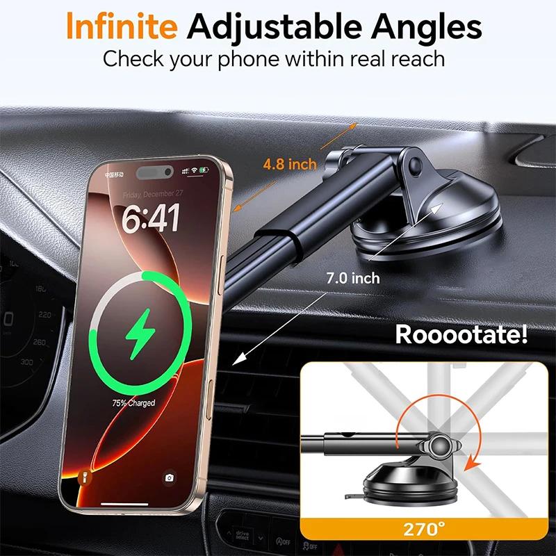 UYUXIO Dash Windshield Car Mount Phone Holder Wireless Car Charger for Magnetic Fast Charging for iPhone 16 Pro Max 15 14 13 12