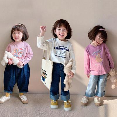 Kids Spring Autumn Casual Long Sleeve O Neck Carton Printed Pullover T Shirt Tops for Girls