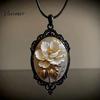 Whimsical Garden Party Accessories Oval Floral Pendant Necklace, Vintage Glass Dome Rose Retro Black Metal Jewelry Adjustable Cord for Women