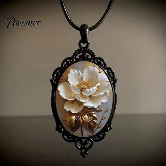 Whimsical Garden Party Accessories Oval Floral Pendant Necklace, Vintage Glass Dome Rose Retro Black Metal Jewelry Adjustable Cord for Women