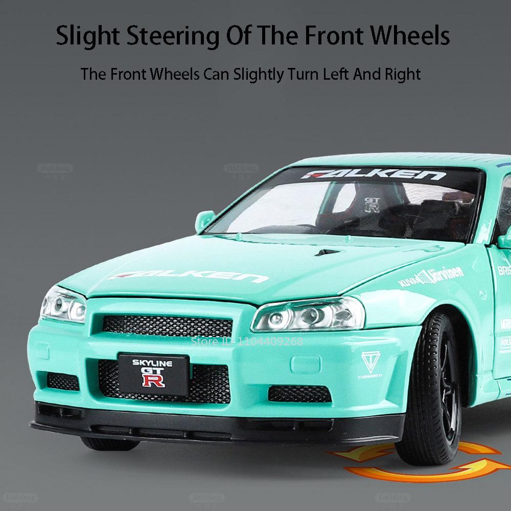 Scale 1:24 GTR R34 SKYLINE R35 Sports Car Model Toy Music Light Pull Back Doors Opened Miniature Models Collection Kid Gifts