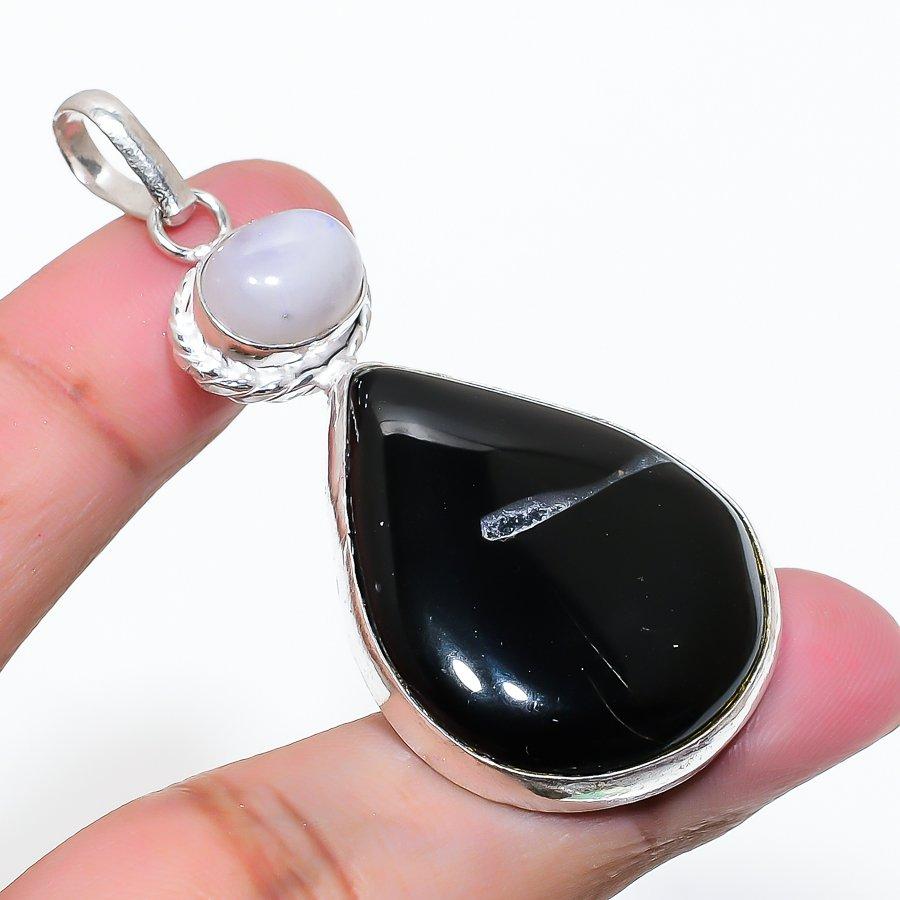Natural Black Onyx, Moonstone 925 Sterling Silver Jewelry Pendant 2.40" AP-16266