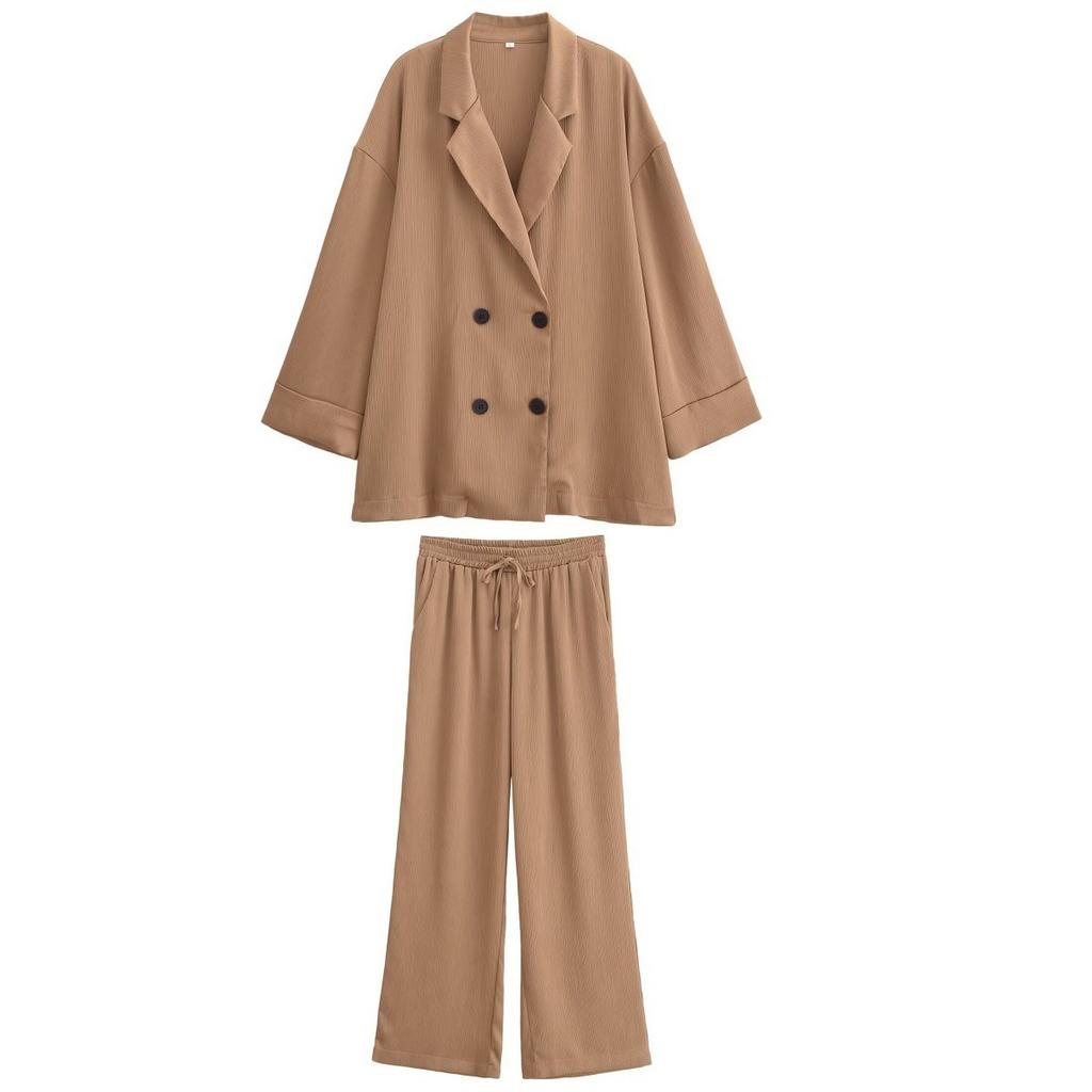 Summer Women's Wrinkle Effect Suit Jacket + Pants Suit Women
