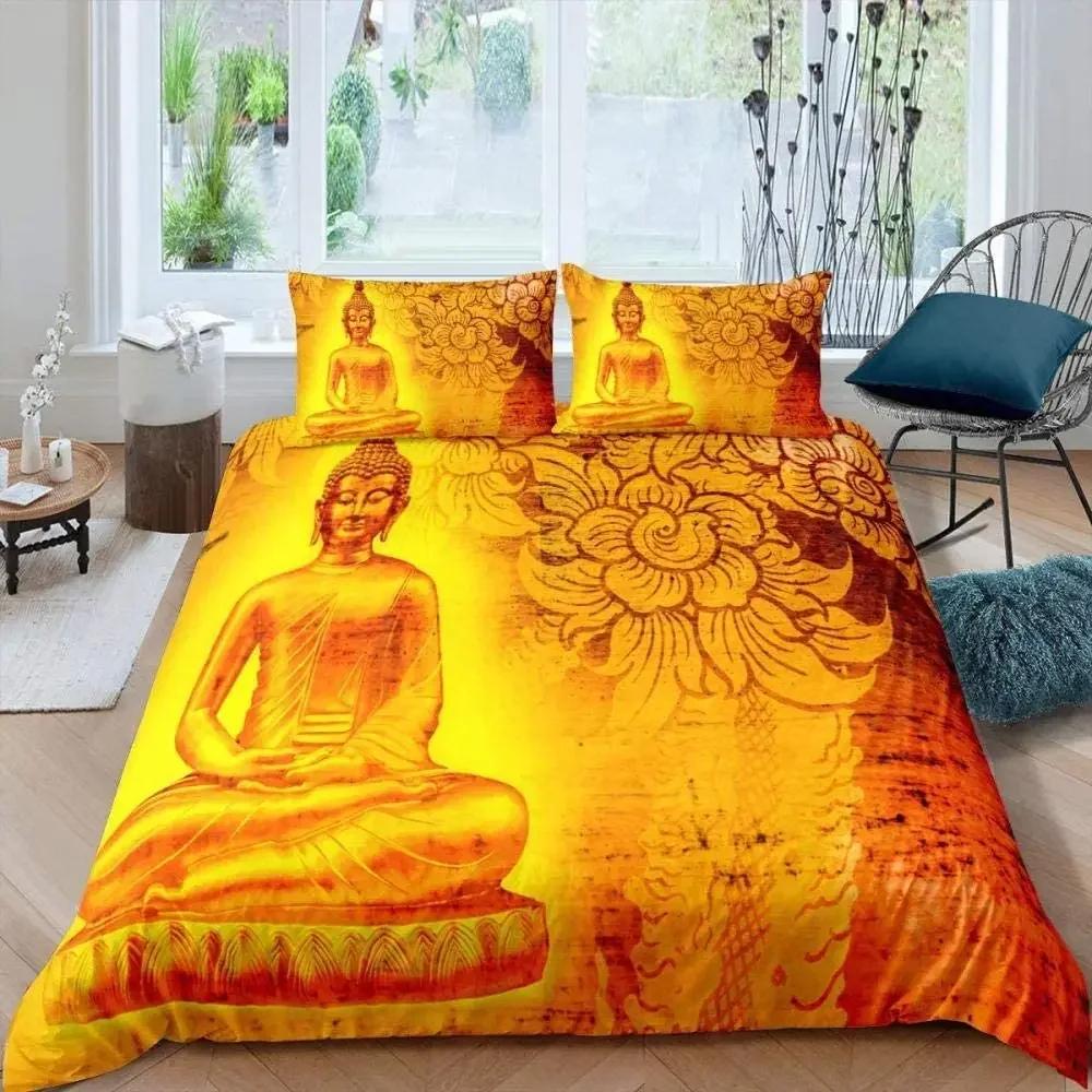 Mandala Buddha Bettbezug-Set, Böhmisches Bettwäsche-Set Goldener Schwarzer Lotusblumen-Druck Luxuriöser Mikrofaser-Polyester-Bettdeckenbezug
