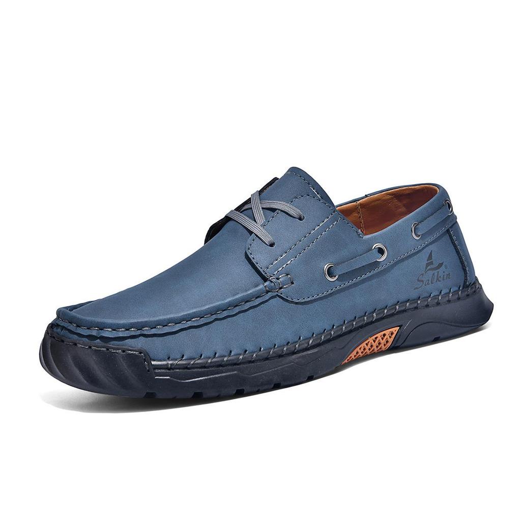 2026 Plus Size Men's Leather Casual Loafers - Hand-Stitched Low-Top Shoes for Spring