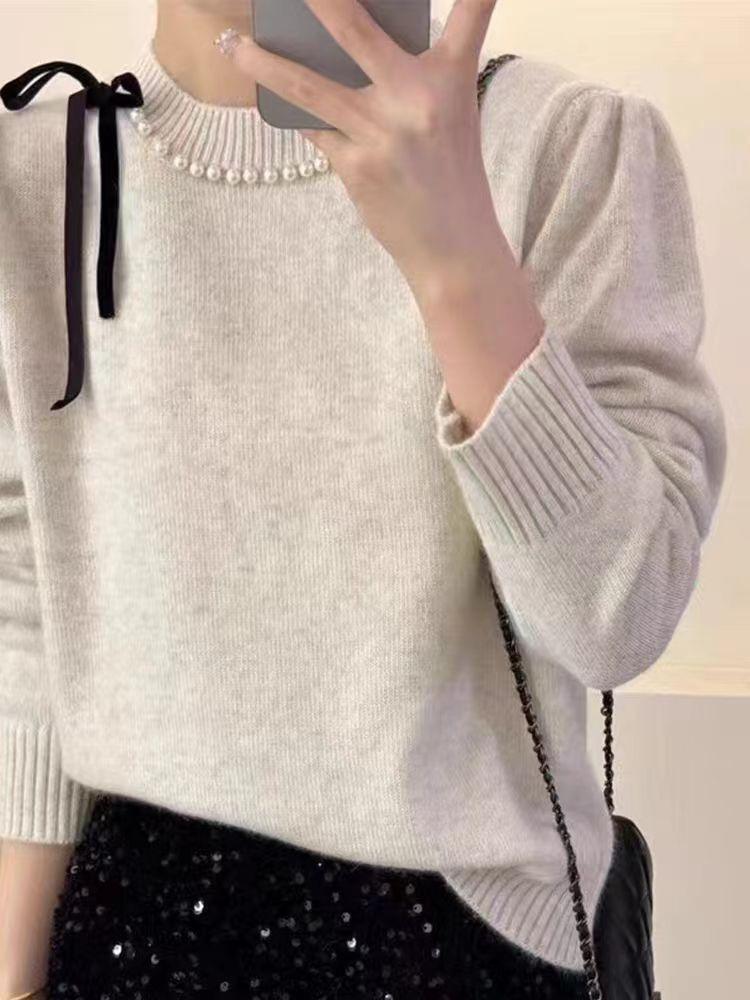 

Осень и зима новый вязаный свитер с бантом и бусинами женский универсальный однотонный пуловер мягкий восковой свитер топ женский one size fits all бежевый