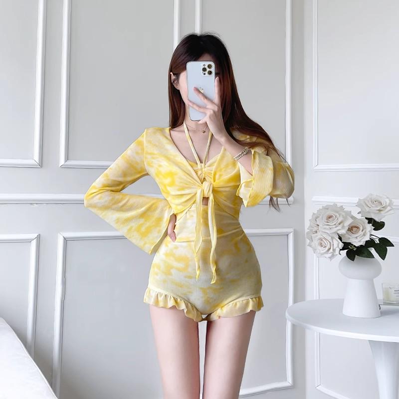 2025 Stylish Smudge-Print Whitening Swimwear: Women's Long-Sleeve, One-Piece, Two-Piece & Blouse for Sun Protection, Students, Hot Springs, Summer