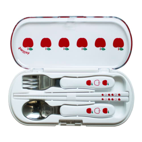 3-Piece Lunch Set for Kindergarten (Aluminum Lunch Box with Inner Lid, Cutlery Set, Heat-Resistant Cup) Apple Pattern