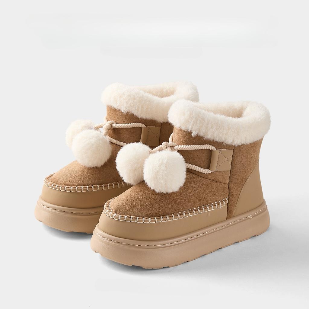 Women Winter Snow Boots Cute Fur Ball Windproof Suede Non-slip Platform Outside High Top Flat Soft Warm Fluffy Lady Shoes