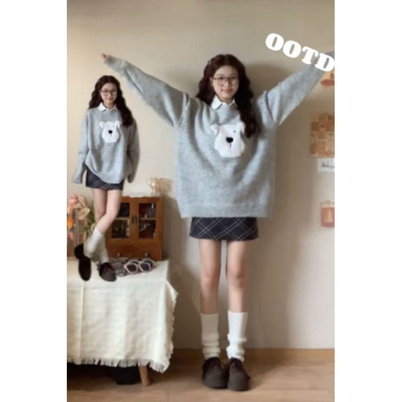 

Korean Fall and Winter Wear Stuffed Puppy Brocade Sweater Female Gray Idle Style Loose Outer Wear Pullover Knitted Top Gray S