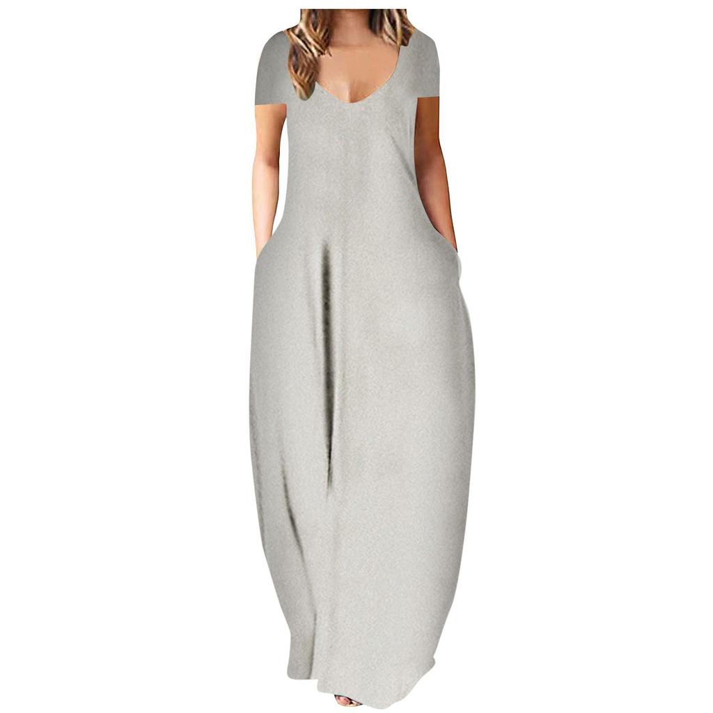 Summer hot sale large size women's clothing solid color sexy deep V-neck short-sleeved dress women