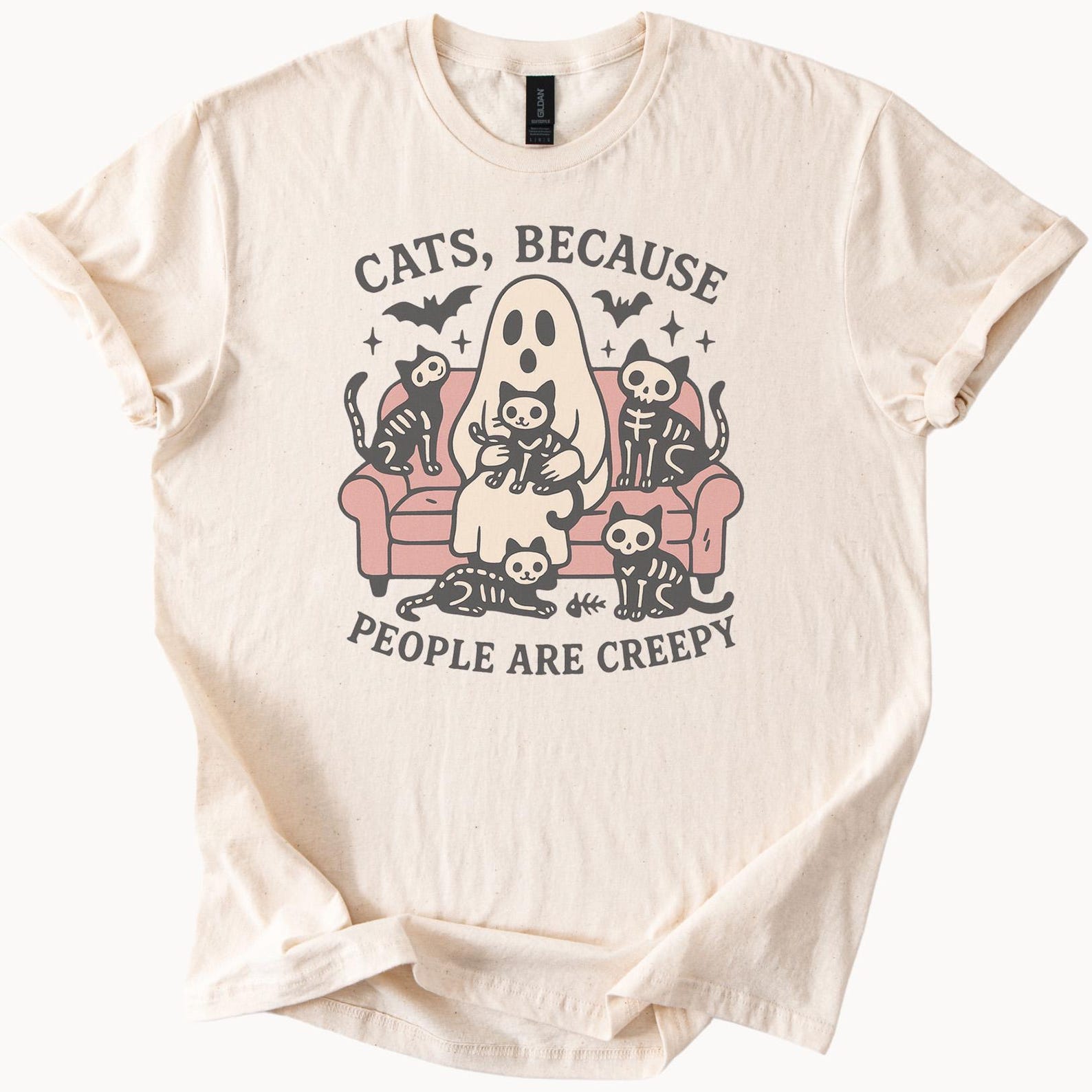 Ghost Cat Lover Shirt Creepy People Halloween Skeleton Cats Graphic Tee Cute Spooky Couch Scene Funny Cat Mom Gift T Shirt 150