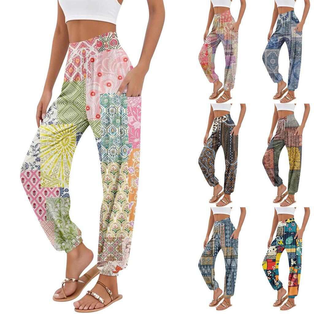Women's Pocket Drawstring Trousers High Waist Yoga Bohemian Printed Casual Pants