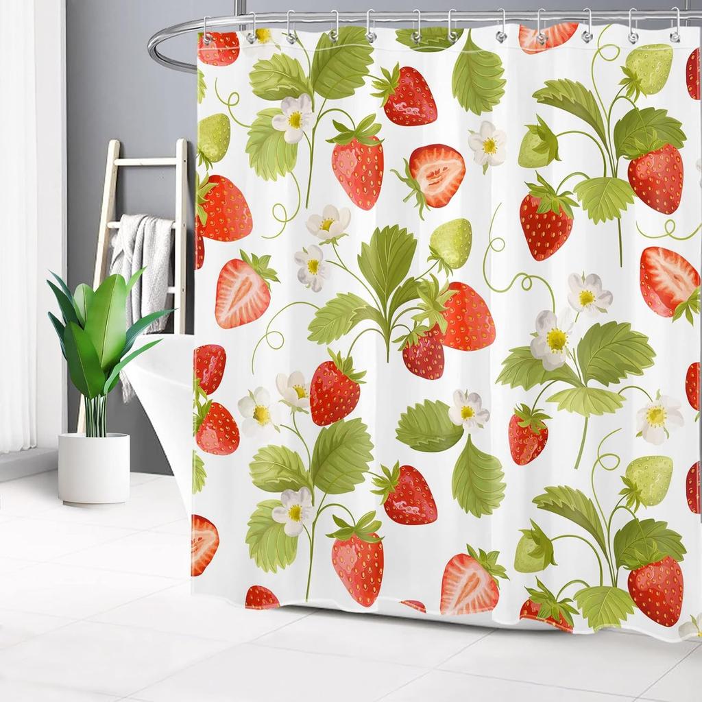 Red Strawberry Shower Curtain for Bathroom Nature Fruit and White Floral Green Leaf Plant Bathroom Shower Curtains with Hooks, Spring Country