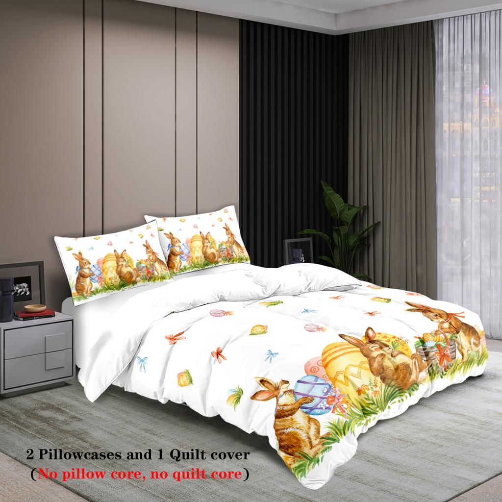 3-teiliges Cartoon Happy Easter Musterdruck Bettbezug-Set, Weich, Bequem und Atmungsaktiv Bettwäsche-Set, für Schlafzimmer, Gästezimmer, Hotel