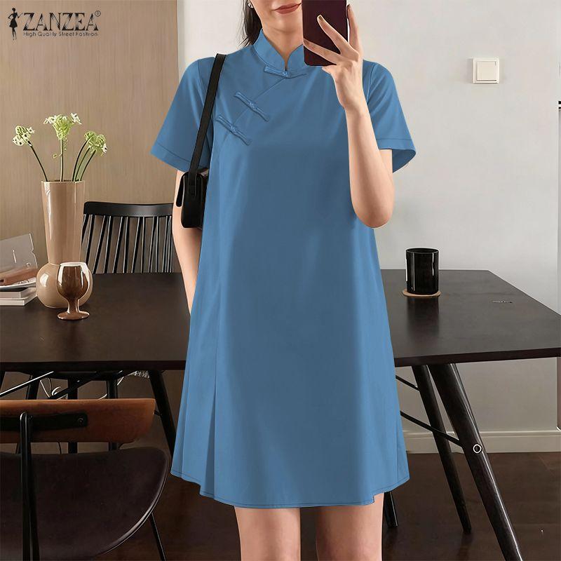 ZANZEA Damen Freizeit Stehkragen Sommer Kurzarm Kleid