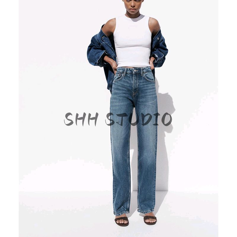 Spring New Women's Clothing Casual All-Matching Straight High Waist Cotton Loose Plaid Denim 2569047