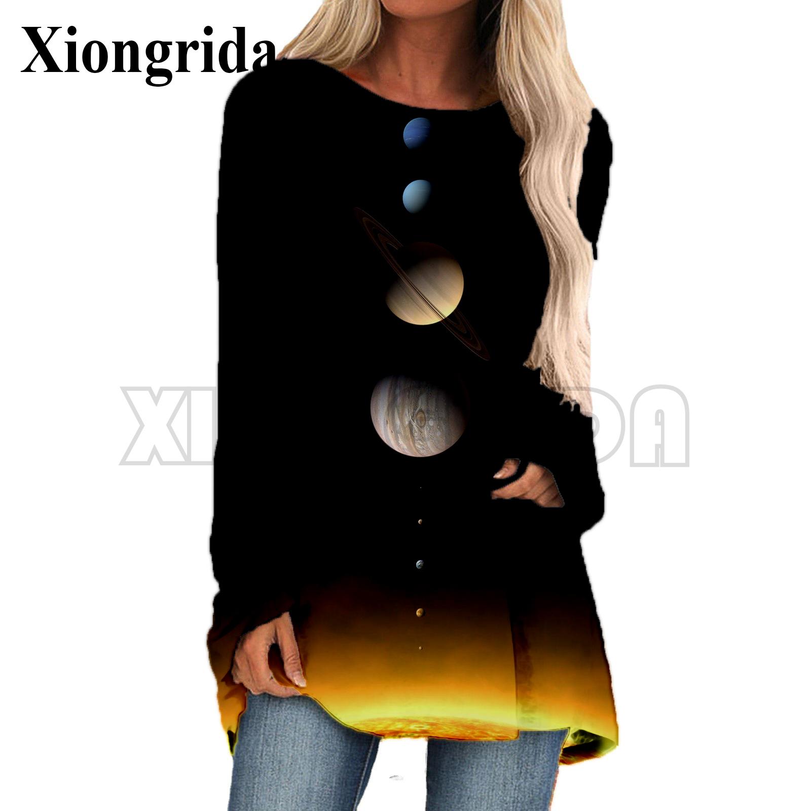 

Модные женские футболки с круглым вырезом, 3D-принтом планеты и звезды, футболки с длинным рукавом, женская одежда, пуловер S-5XL M