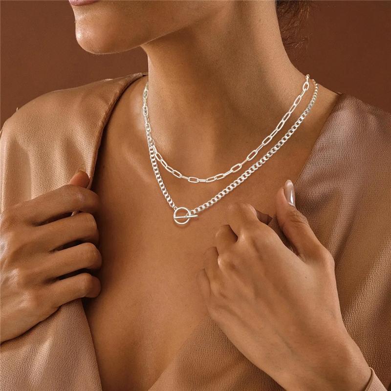 Silbernes doppellagiges Sicherheitsnadel-Kettenhalsband mit kubanischer OT-Schließe 42+46+5cm Gliederkette für Geschenk Hauptmaterial Messing S0870