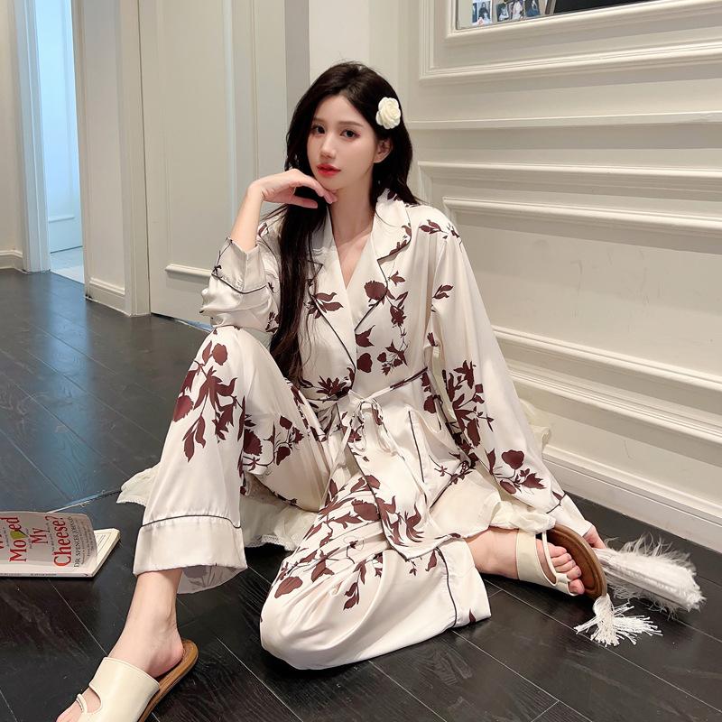 Ice Silk Pajamas Women's Warm Season and Autumn Cardigan Lace Up Set Ice Silk Sweet Print Pajamas Set Pajamas
