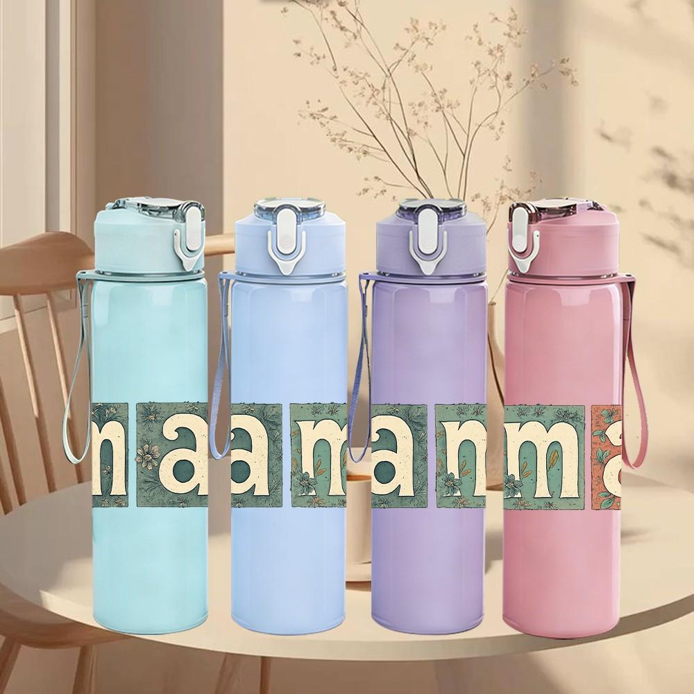 1PC Mama Colorful Block Letter Print 750ml Color Plastic Sports Water Bottle Leakproof Flip Straw Lid Suitable for Sports Office Home Use