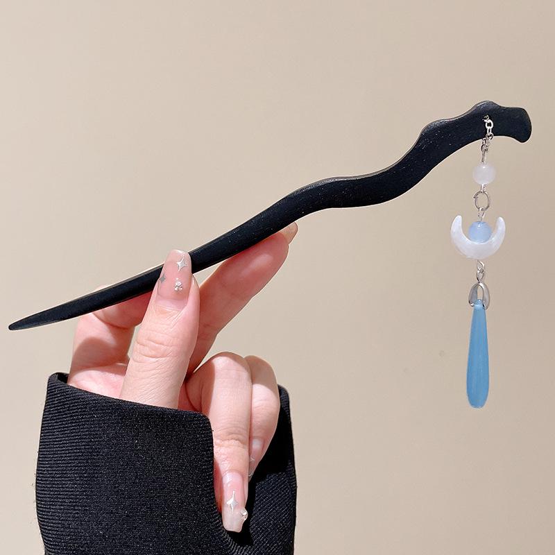 High-End Chinese Wooden Hairpin with Tassels – Ancient Style Ebony Faux for Women