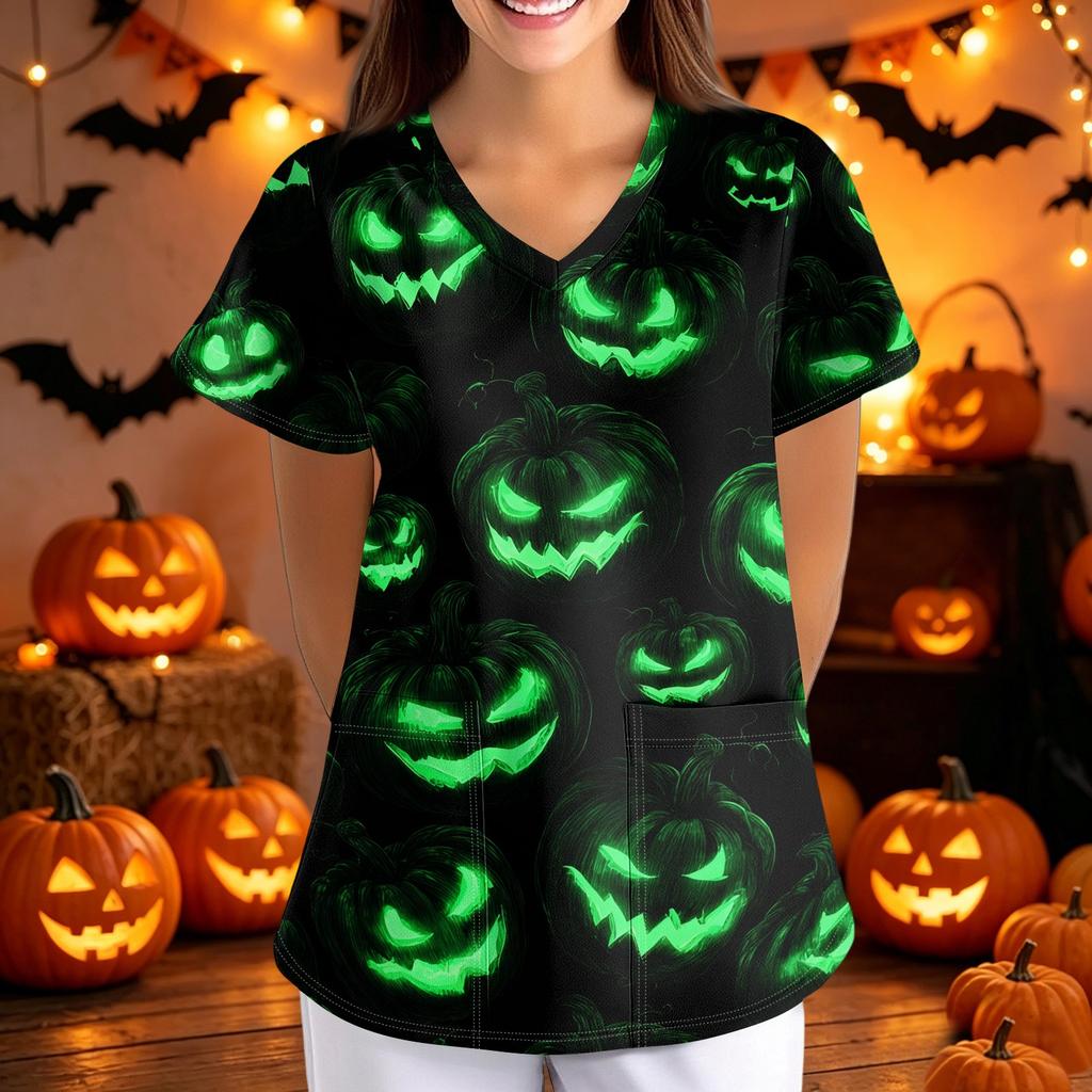 Women Halloween Print Loose V Neck Short Sleeve Medical Scrub Top Nurse Uniform with Pockets Comfortable Fit Professional Workwear
