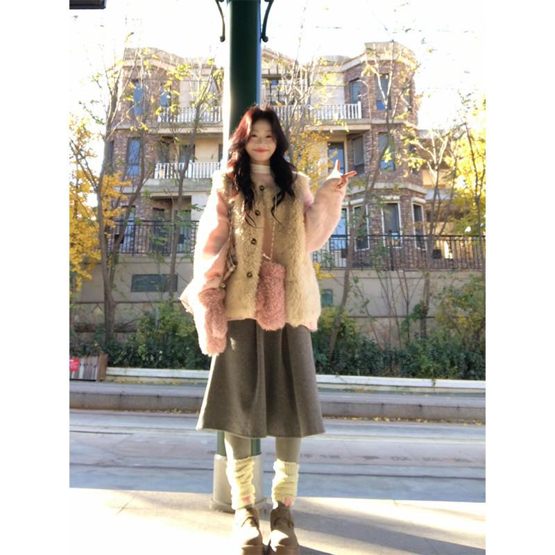 

Korean Style Winter Skirt Set with Sweater, Lamb Wool Vest, and Half Skirt. 2XL (suggested 63-70 kg)