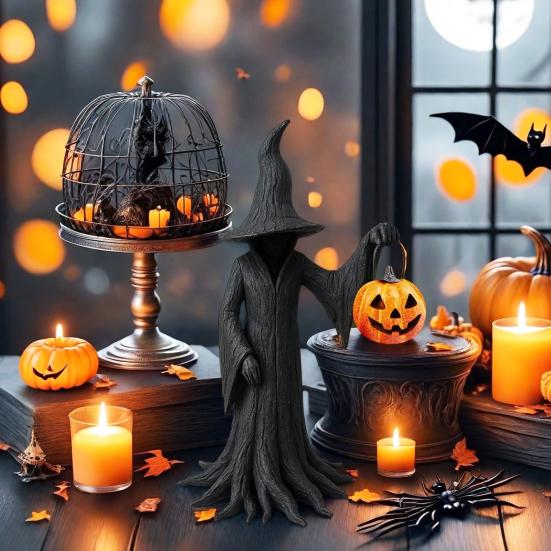 Halloween Witch Statue Gothic Enchanting Witch Figurine with Pumpkin Resin Tabletop Ornament for Haunted House Home Decor