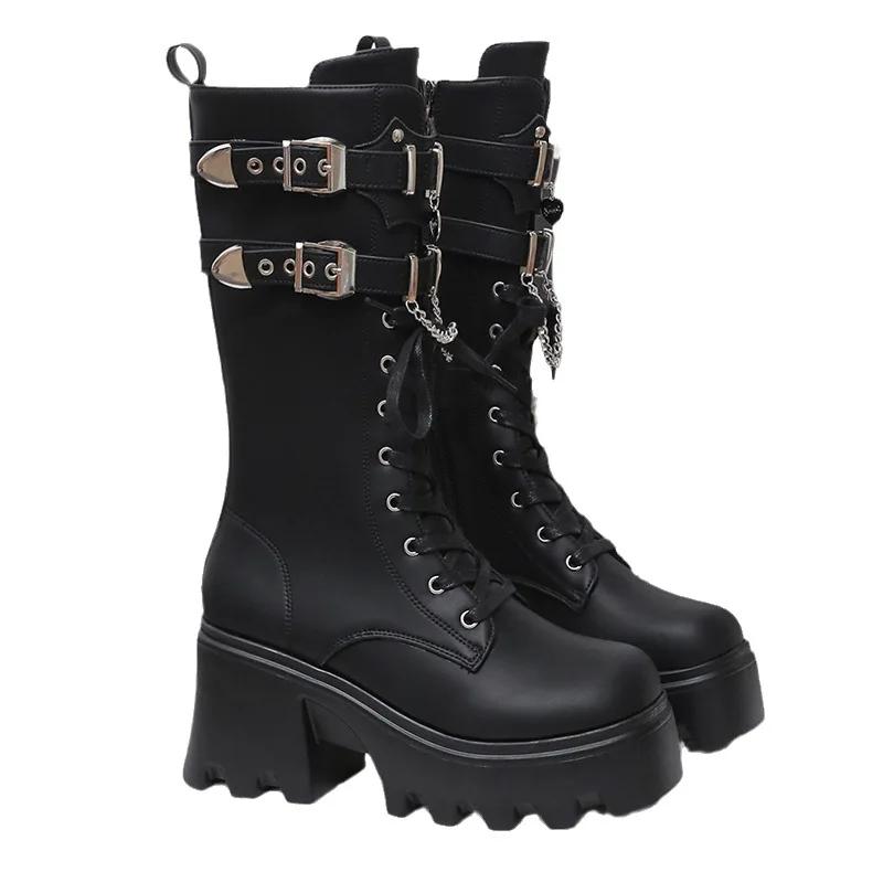 Fashion Women's Punk Gothic Boots 2025 Fashion Buckle Chain High Heels Mid Calf Boots Women Black Pu Leather Plus Size 42 Autumn Botas