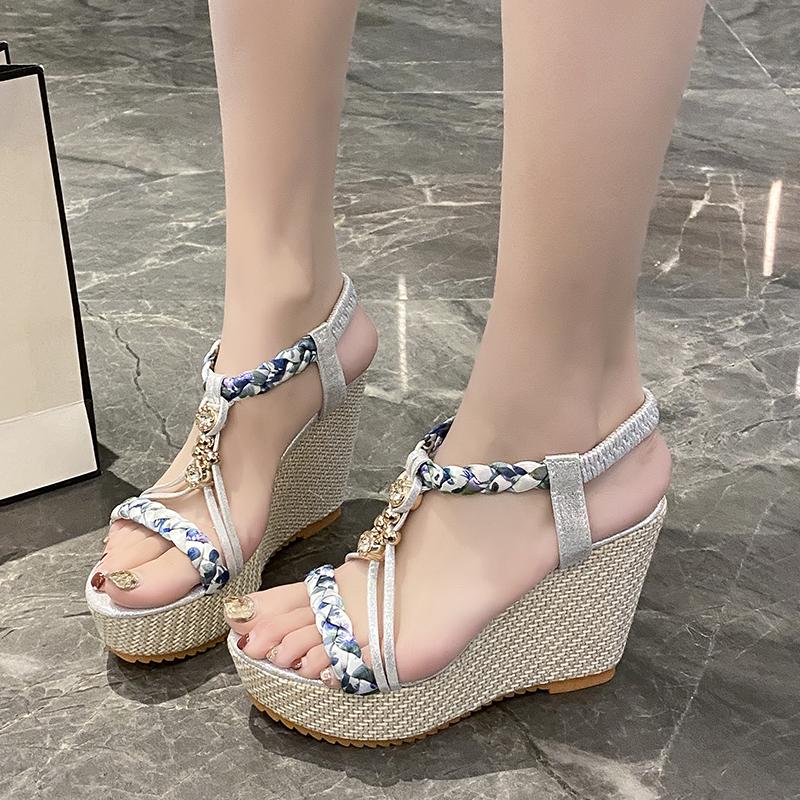 Fashion New Spring and Summer Thick-soled Wedge-worn Women's Sandals Color-blocked Open-toe Empty Fashionable Casual Women's Shoes