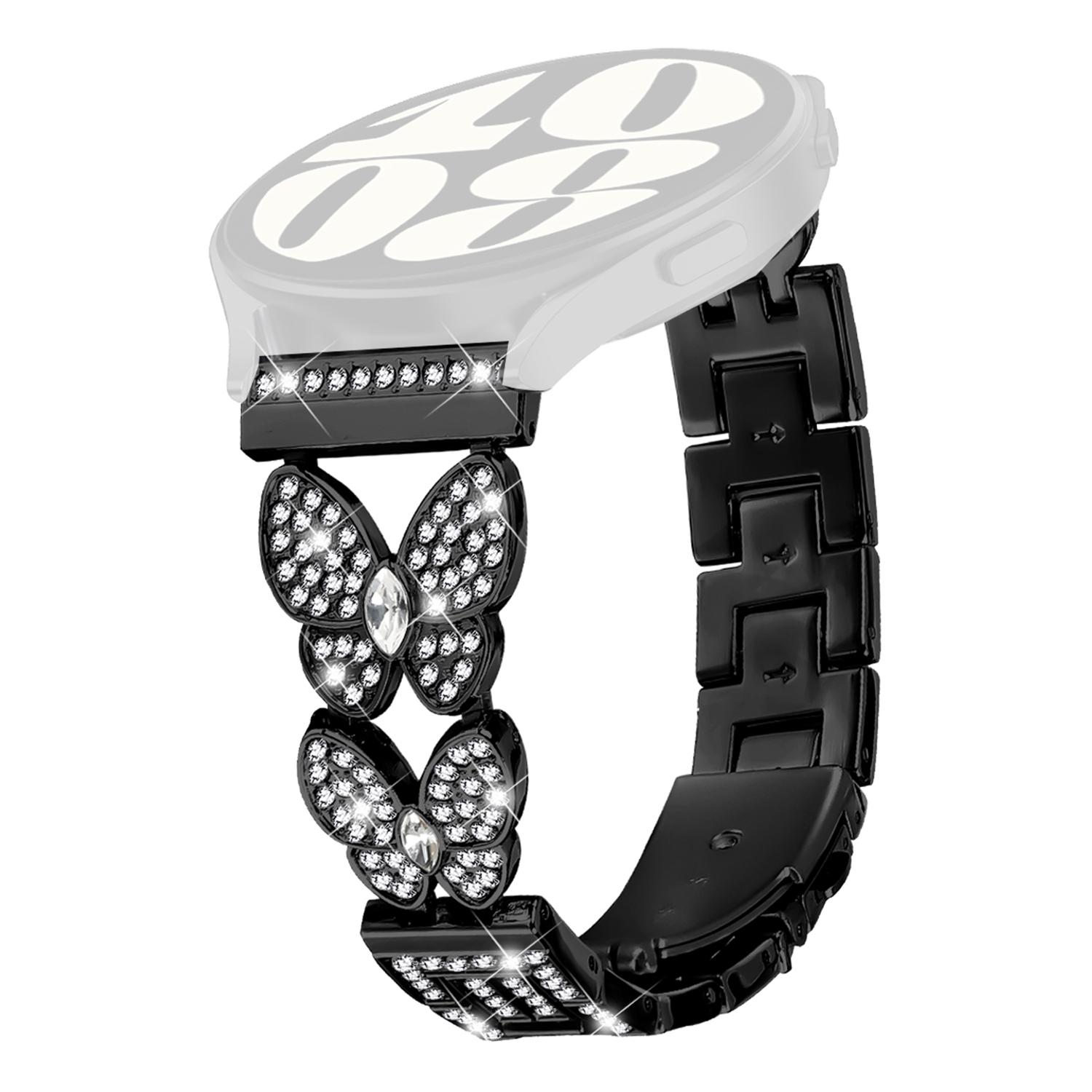 

For Garmin Forerunner 255 Metal Band Butterfly Rhinestones Decor Watch Strap Black