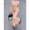 Fashion and sexy neck open shoulder waist pleated women's clothing summer pleated waist high-end light luxury medium and long dress
