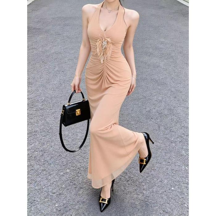 Fashion and sexy neck open shoulder waist pleated women's clothing summer pleated waist high-end light luxury medium and long dress