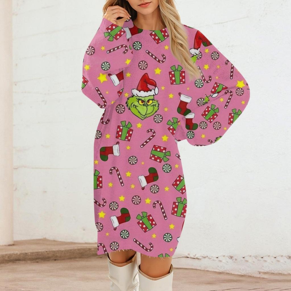 Women's Round Neck Casual Long Sleeve Plush Christmas Printed Dresses