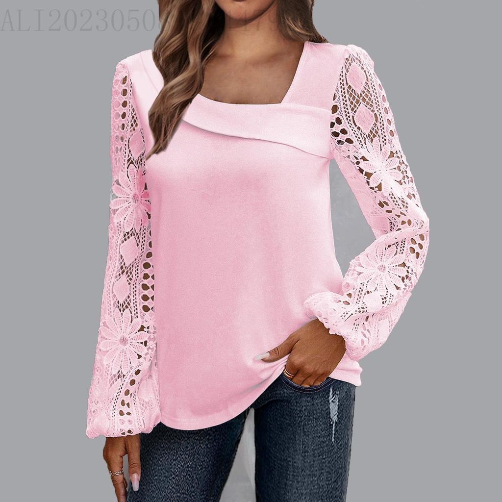 Slant Neck Solid Color Long Sleeved Lace Printed Women's Shirt Fashionable Elegant Office Urban Style Spring Top