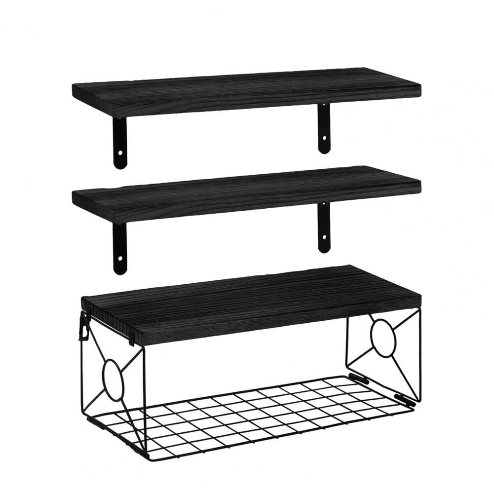 Wall Mounted Shelf Rustic Wooden Bathroom Wall Shelf with Metal Basket Over Toilet Floating Storage Organizer Rack for Home
