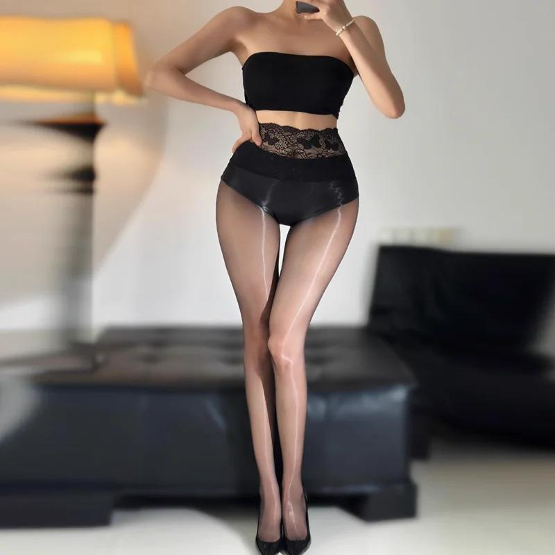 

Sexy Women Lace Waist Patchwork Tights 0.01D Ultra-Thin Shiny Elastic Silky Pantyhose Bare Legs Anti-Hook Clubwear Ootd Fashion 45-70kg
