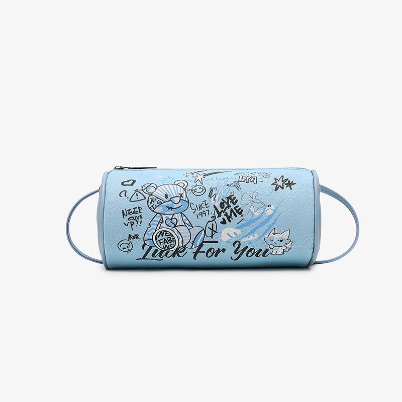 

New fashion bear graffiti cylinder bag women s bag shoulder messenger bag cartoon cute fashion niche student синий