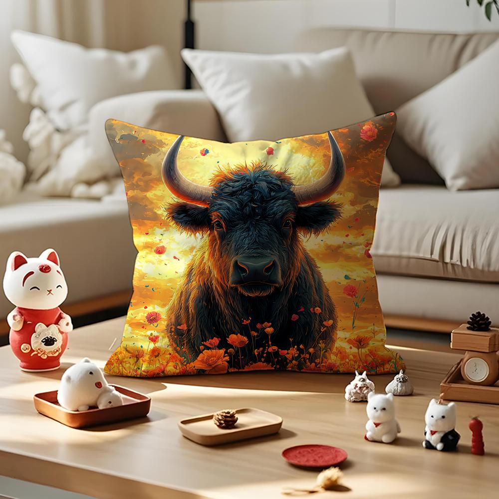 

Vibrant Highland Cow Pattern Cushion Cover Silky Short Plush with Invisible Zipper Dustproof Sofa Pillow Cover for Home Decor 30x30cm