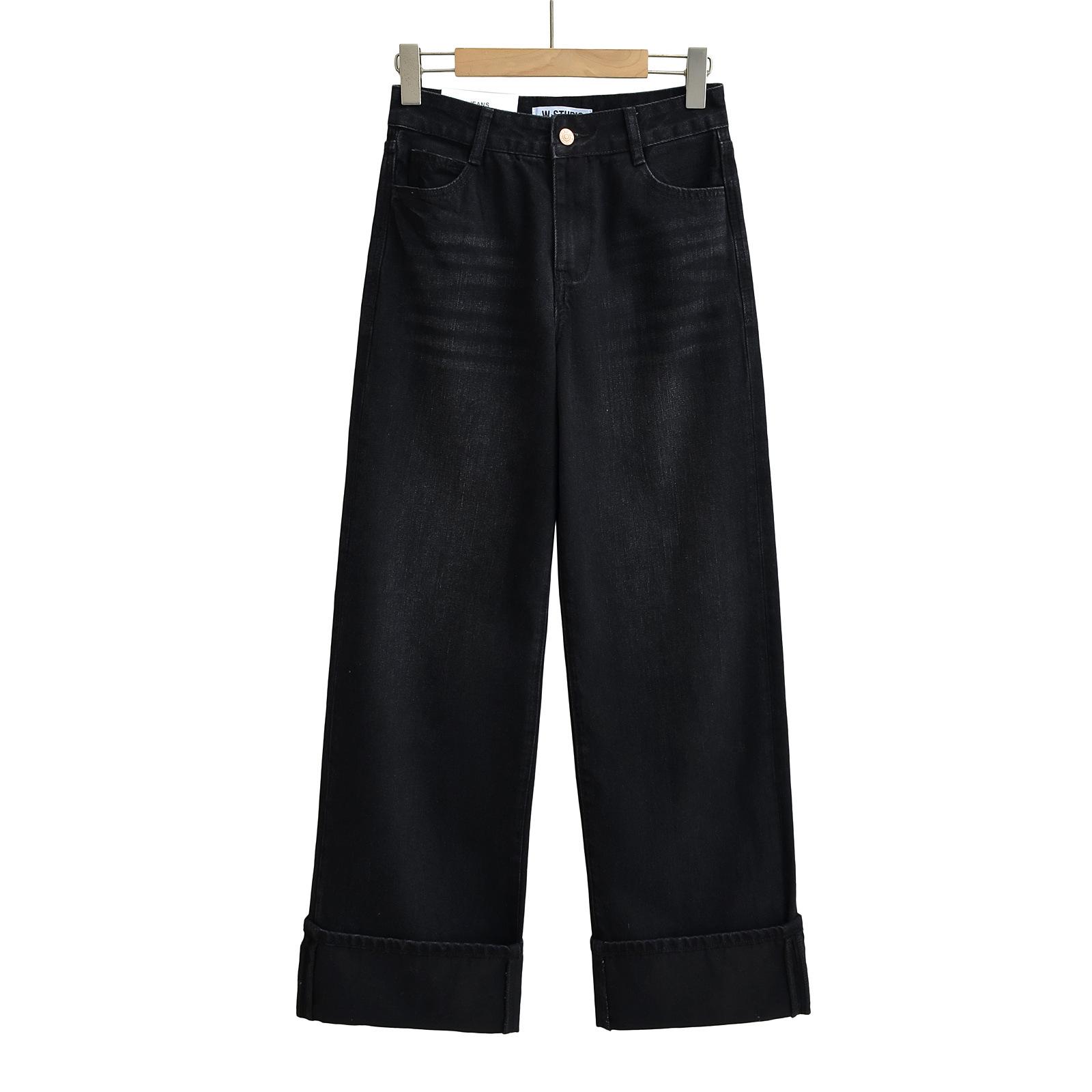NSSF Self-Made: Autumn European & American Style Mid-Waist Cuffed Wide-Leg Floor-Length Jeans Large