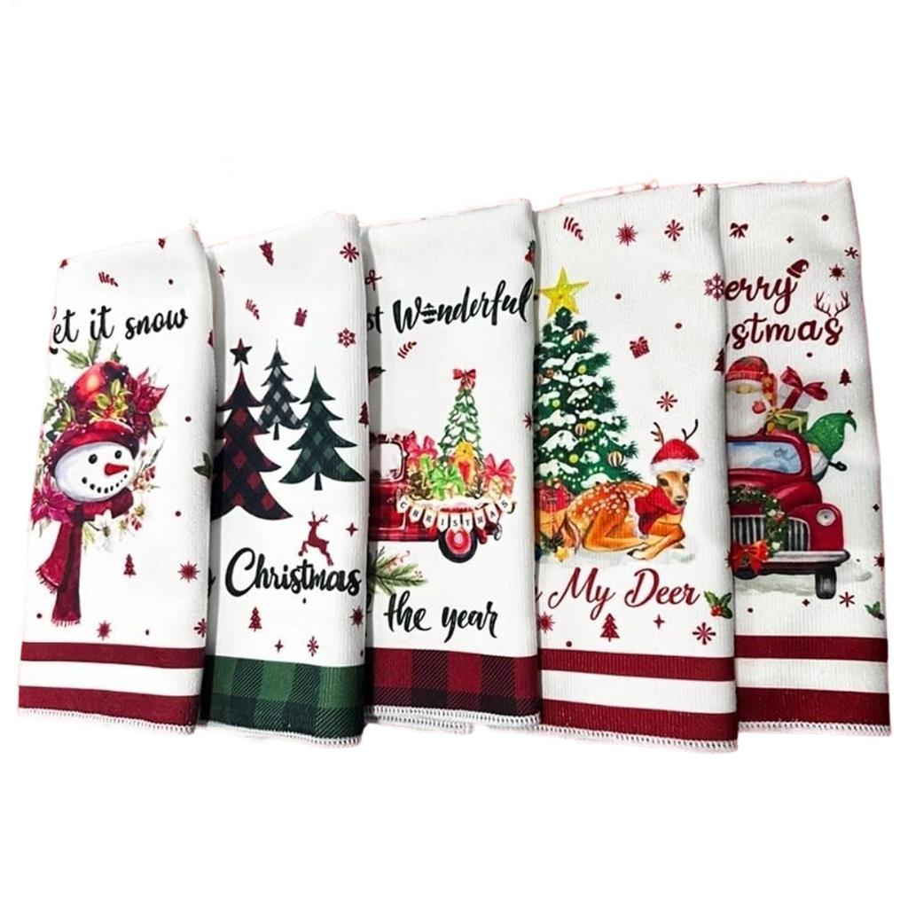 5-Pack Christmas Kitchen Towels Festive Dish Cloths With Santa Elk Snowman Designs For Holiday Dining, Party & Home Decor