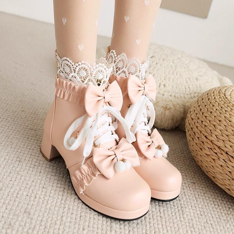 Autumn and Winter New Lolita Short Boots Women and Girls Cute Flower Bow Lace Mesh Martin Boots