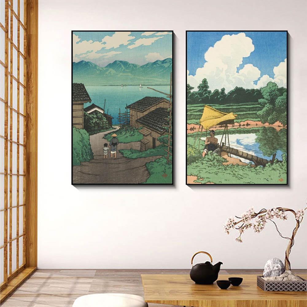 Japanese Rural Style Retro Landscape Canvas Painting Lake Park Beauty Poster Office Wall Art Living Room Home Decoration Mural No Frame