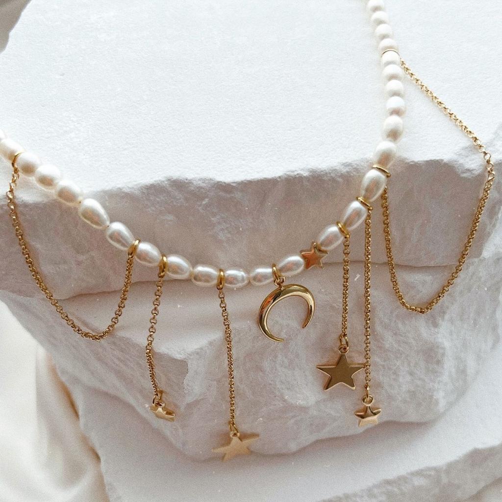 Perlen-Pulloverkette, europäischer und amerikanischer Design-Tassel-Halskette, weiblicher Stern Mond Licht Luxus Choker Halskette