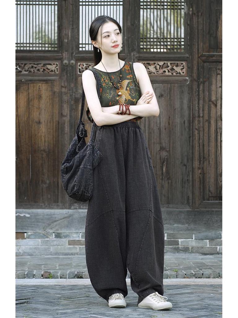 Women's Retro Ramie Sand-Washed Distressed Loose Lantern Pants for Meditation and Tai Chi