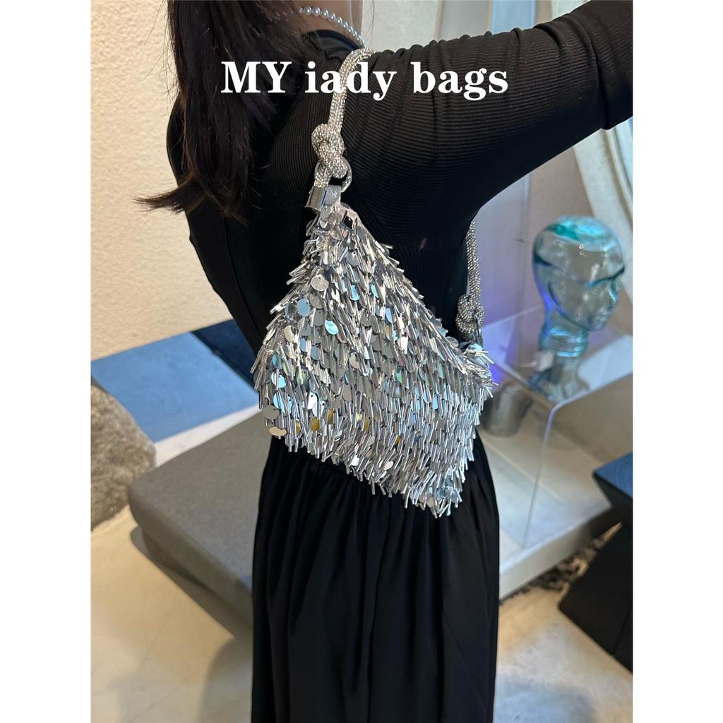 Vintage Silver Sequined Bag Glitter Fringed Portable Vintage Messenger Chain Shoulder Bag Women's Small Bag Dinner Bag