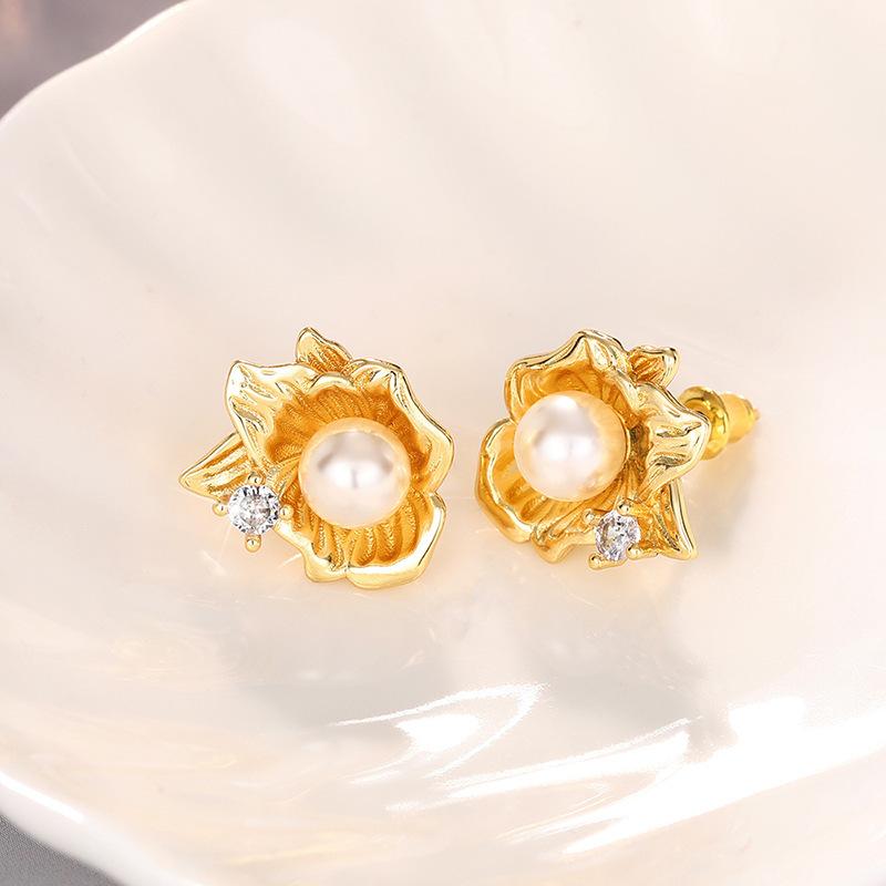 1 Pair of Fashionable Synthetic Zircon and Imitation Pearl Shell Flower Earrings, Fashionable French Retro Light Luxury Earrings