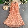 French Light Luxury Celebrity Heavy Industry Diamond-encrusted Round Neck Long-sleeved Dress, High-end Waist and Thin Printed Pleated Long Dress